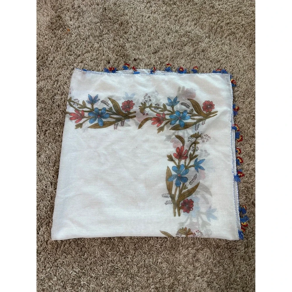 Vintage Floral Square Head Scarf White Sheer Tassel Boho Prarie Cottagecore